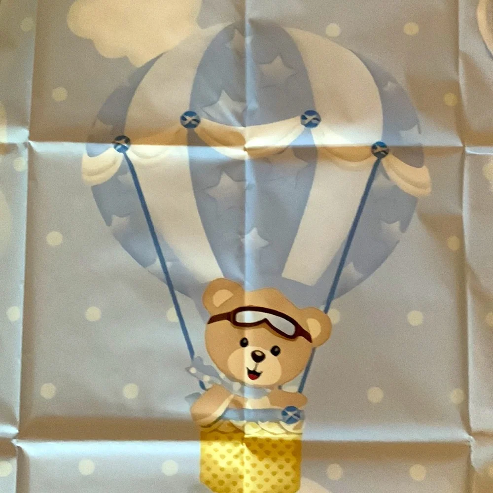 Blue Baby Shower Back Drop Bear in a Hot Air Balloon, Oh Baby Sign, & Games
